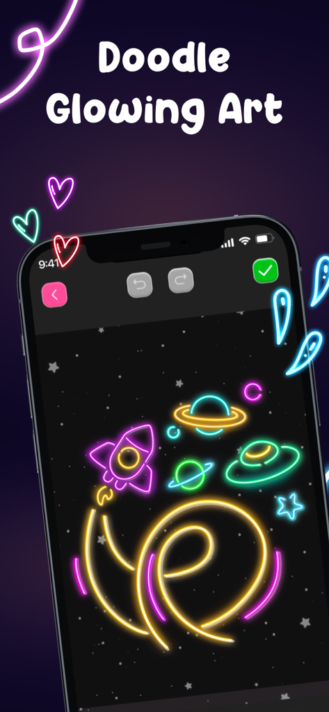 Doodle Art: Neon Glow Drawing - A neon glow drawing of a rocket ship and planets on a phone screen