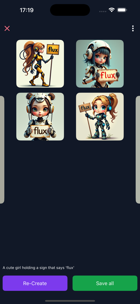 AI Artistic: Wan Video - Uma grade de quatro imagens geradas por IA mostrando uma garota fofa em equipamento robótico segurando um cartaz com a palavra flux.