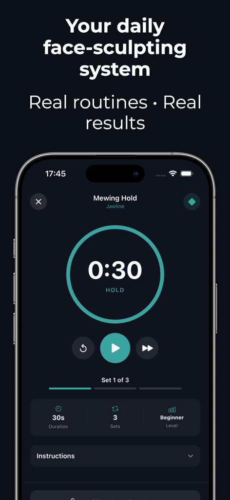 Jawliner: Debloat & Sculpt Jaw - Pantalla móvil mostrando un temporizador de ejercicio de retención de Mewing de 30 segundos para esculpir el rostro y definir la mandíbula.