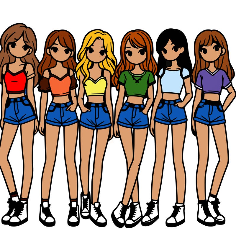 a group of girls wearing crop tops and shorts