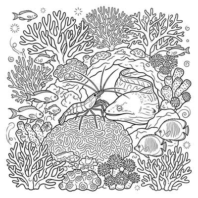 Immerse yourself in a detailed underwater world with this captivating full scene coloring page featuring a diligent cleaner shrimp. Discover the vibrant life of a coral reef, complete with diverse fish and intricate marine flora, ready for your creative touch.