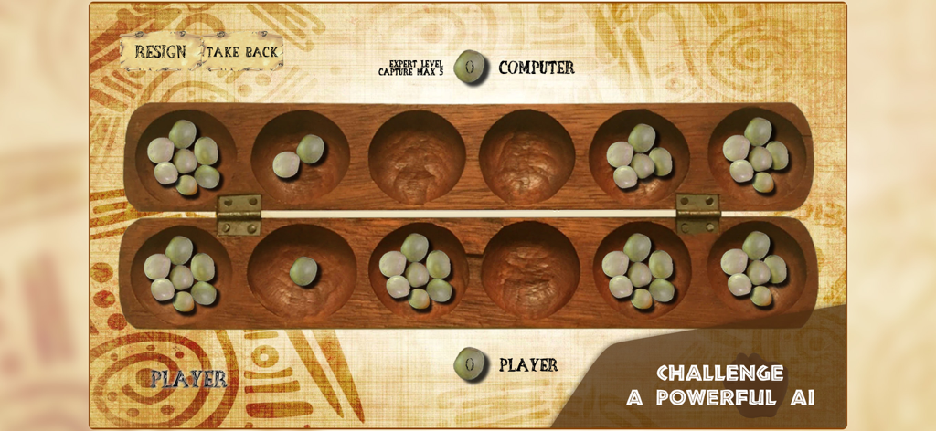 Traditional Oware game board interface in Awale Online showing a match against an expert AI