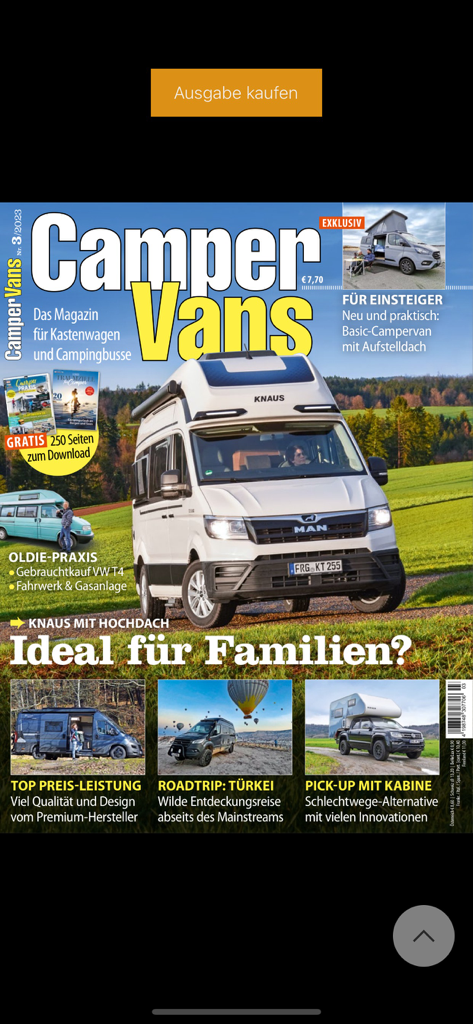 CamperVans - Digital cover of CamperVans magazine featuring a white KNAUS camper van parked on a green field.