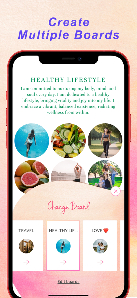 Vision Board Manifestation - Una pantalla de smartphone que muestra la aplicación Manifestación con Tablero de Visión con varios tableros de visión como estilo de vida saludable, viajes y amor.