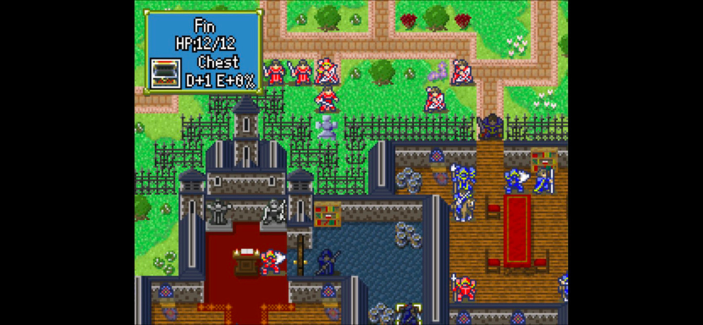 Partia - Una pantalla de juego de rol táctico SRPG retro en pixel art de Partia con personajes en un mapa de cuadrícula con ventanas de estado