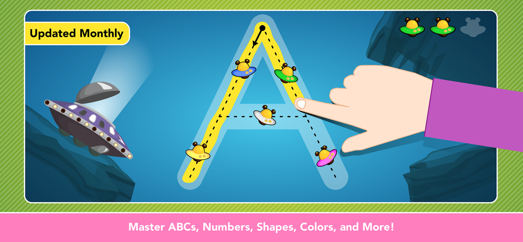 A child's hand tracing the letter A in the Preschool Kindergarten Games app