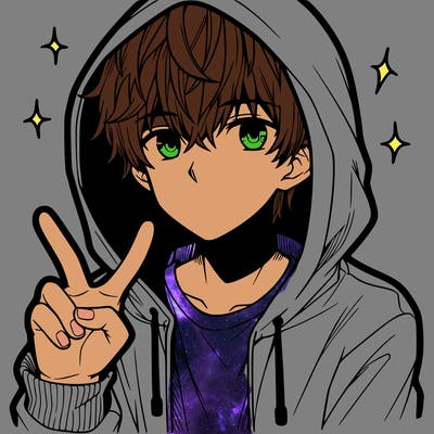 teenage manga boy in a hoodie, doing ✌