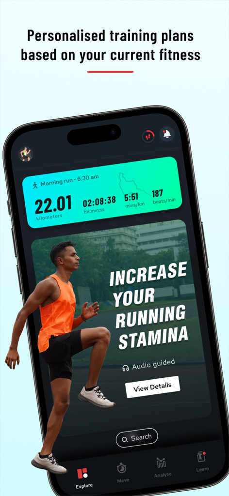 Fitpage - Fitpage app screen showing a personalized running training plan with workout statistics and a stamina building guide