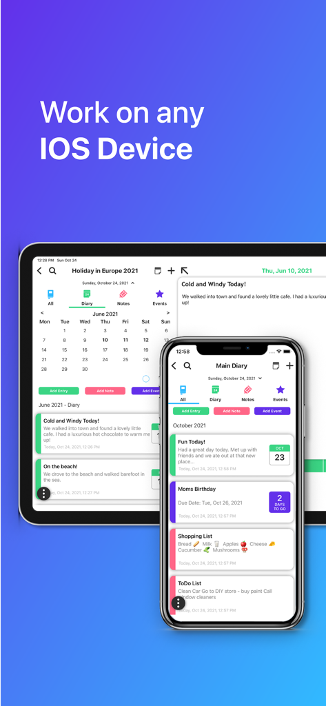 iDailyDiary app displayed on an iPhone and iPad demonstrating multi-device support and synchronization.