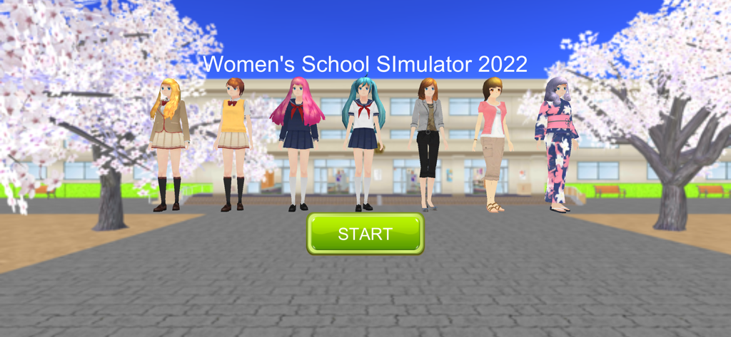 Women's School Simulator Next - Start screen of Womens School Simulator Next showing diverse anime characters in front of a school with cherry blossoms