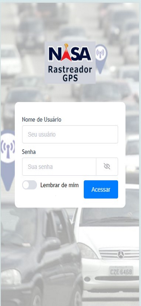 Nasa Rastreador GPS - Login screen of the Nasa Rastreador GPS app with username and password fields on a traffic background.
