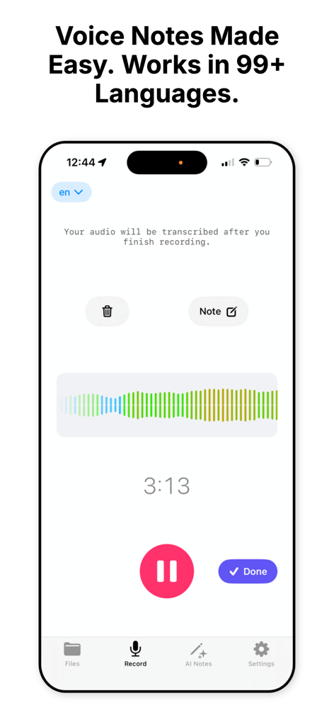 Cockatoo AI Note Taker app screen showing a voice recording in progress with waveform and multi language support
