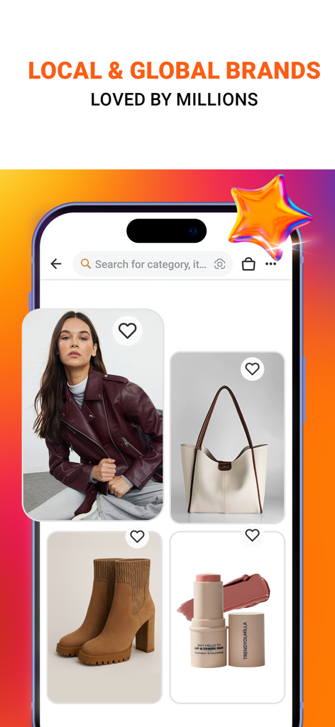 Trendyol: Online Shopping - Trendyol mobile app interface showing a collection of fashion items including a leather jacket, handbag, and boots