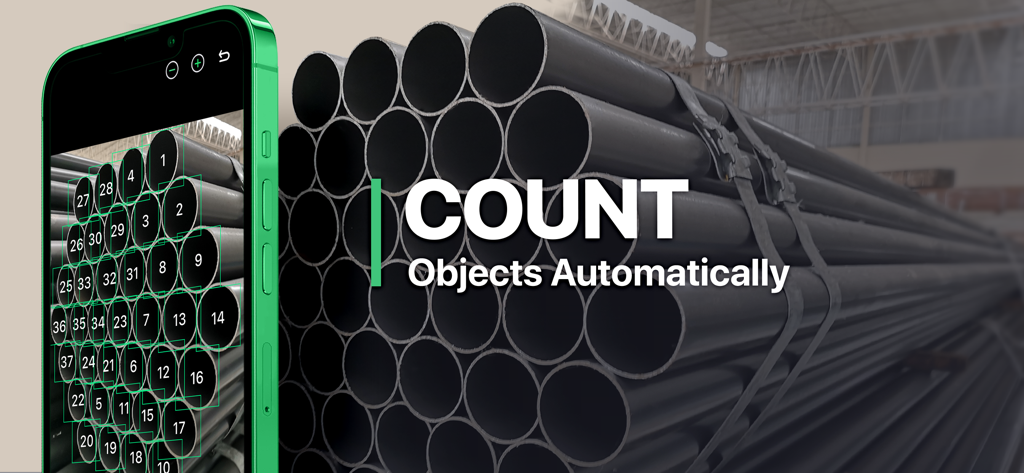 Smartphone using the Count This app to automatically count a large stack of metal pipes with AI vision