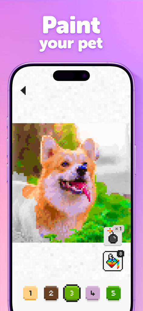 Mobile screen showing a pixel art coloring page of a Corgi dog with a numbered palette.
