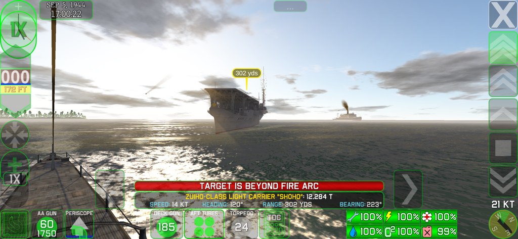 Un submarino apuntando a un portaaviones ligero enemigo en el juego de simulación de la Segunda Guerra Mundial Crash Dive 2