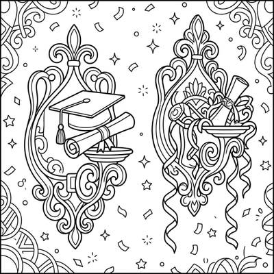 Mark a special academic milestone with this unique coloring page featuring decorative wall sconces adorned with graduation symbols. Immerse yourself in the intricate details and bring this scene of achievement to life with your favorite colors.