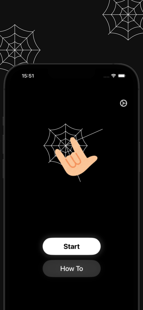 Spider Hand AR - Pantalla de inicio de la aplicación Spider Hand AR mostrando el botón de inicio y el gesto de mano de telaraña