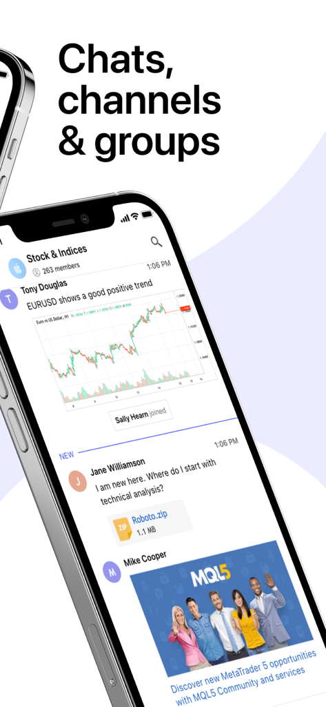 Pantalla de smartphone mostrando la aplicación MQL5 Channels con mensajes de grupos de trading y un gráfico financiero