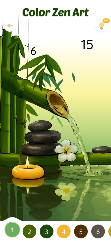 Color Aura: Paint by Number - Une illustration zen par numéro dans Color Aura représentant une fontaine à eau en bambou et des pierres équilibrées.