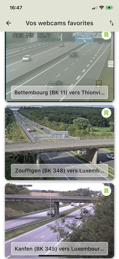 Affichage des webcams de trafic en temps réel dans l'application mobile Info Trafic Grand-Est.