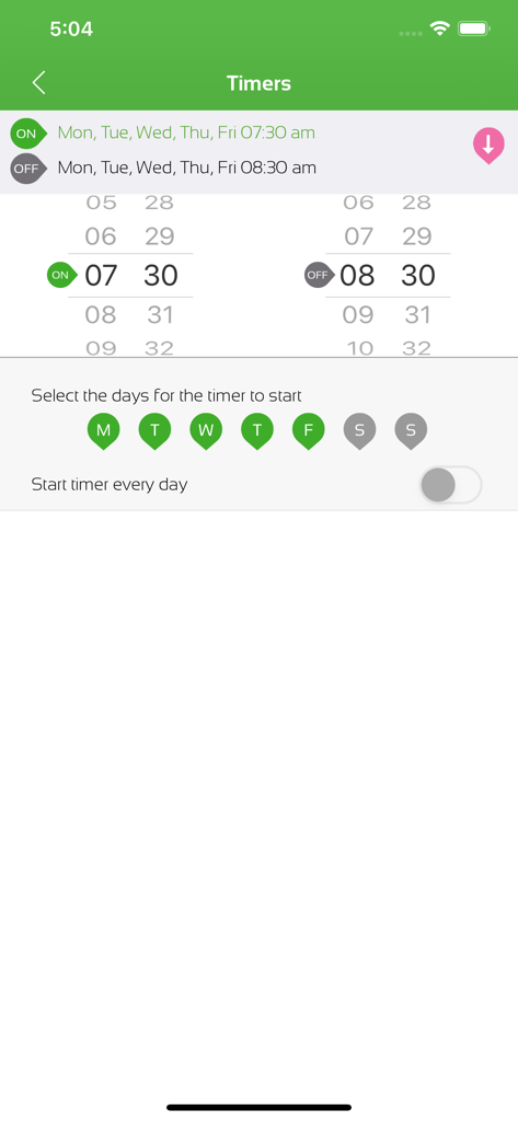 Interfaz de usuario de la aplicación MiHome que muestra la configuración de temporizador y programación para dispositivos inteligentes.