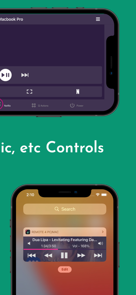 Interfaz de Remote App (PRO) en iPhone mostrando controles de reproducción de Netflix y música para PC y Mac.