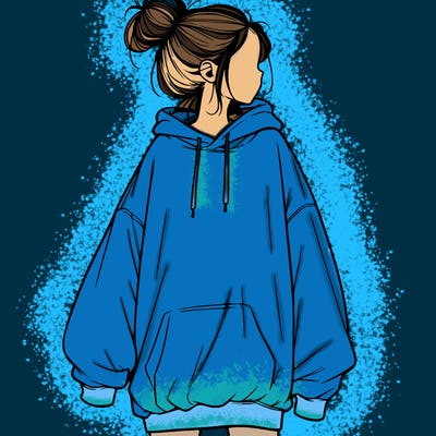realistic girl with a oversized sweatshirt on and a bun