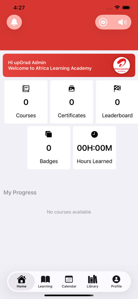 The home dashboard of the Africa Learning Academy app showing progress metrics for courses, certificates, and badges.