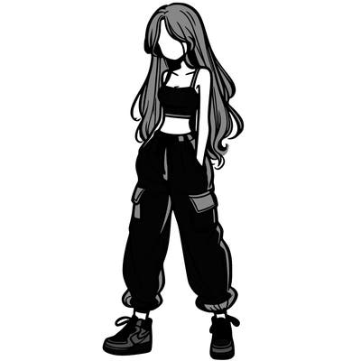 girl in baggy pants crop top and long hair
