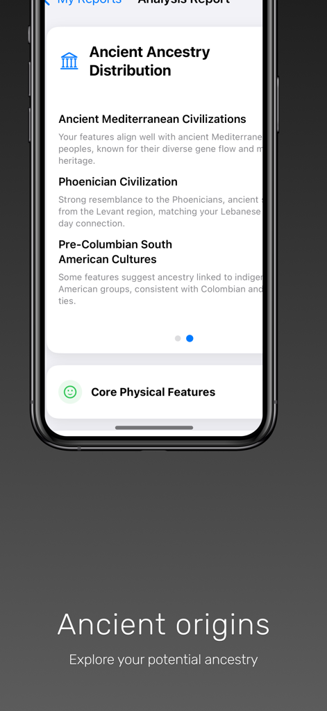 Rapport de distribution de l'ascendance ancienne montrant des correspondances d'héritage méditerranéen et sud-américain dans l'application Face DNA