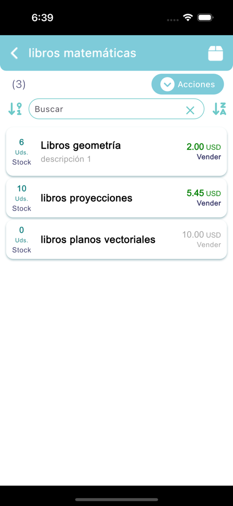 Inventario Facil - Pantalla de la aplicación móvil Inventario Fácil mostrando una lista de productos con unidades de stock y precios en USD