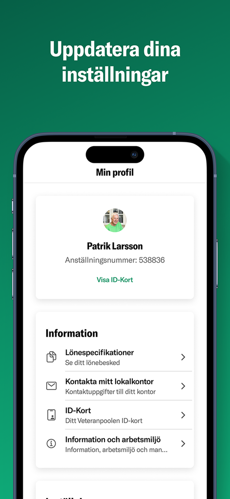 Veteranpoolen - User profile screen of the Veteranpoolen app displaying personal details and work related information for a service provider.
