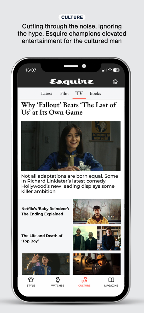 Esquire UK - Esquire UK mobile app interface showing the culture section with entertainment articles