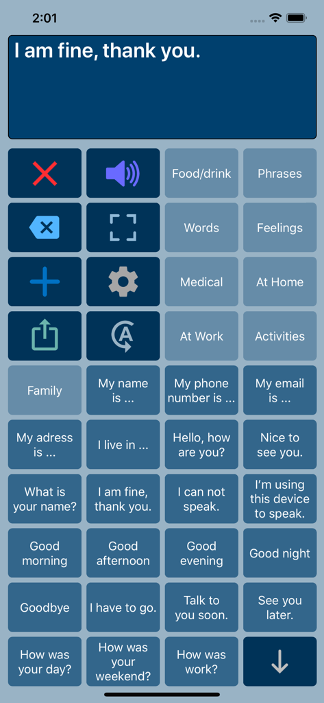 Speech Assist Switch - Interfaccia dell'app Speech Assist Switch che mostra una griglia di pulsanti di comunicazione con frasi comuni e opzioni di categoria
