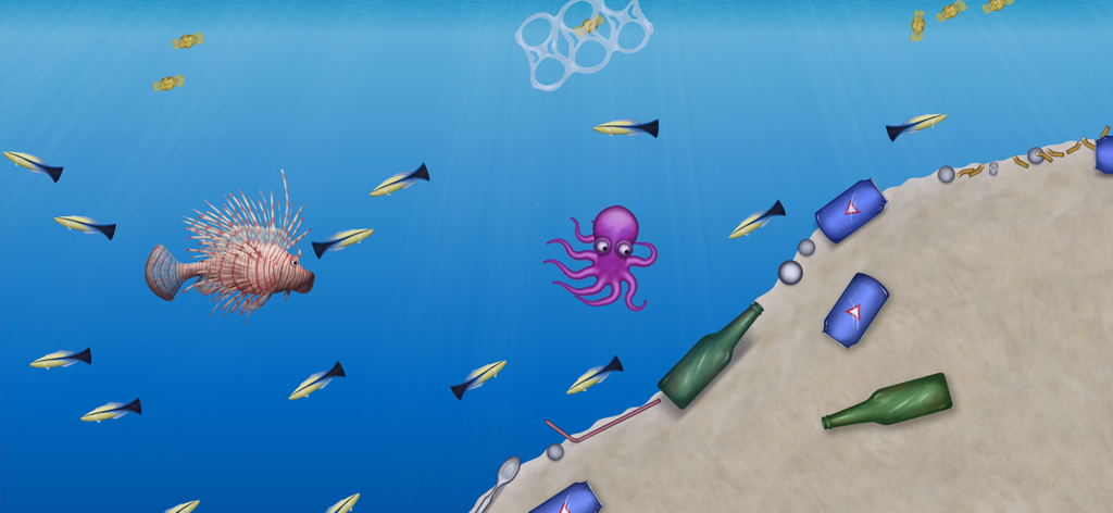 Un polpo viola che nuota in un livello sottomarino pieno di pesci e spazzatura marina