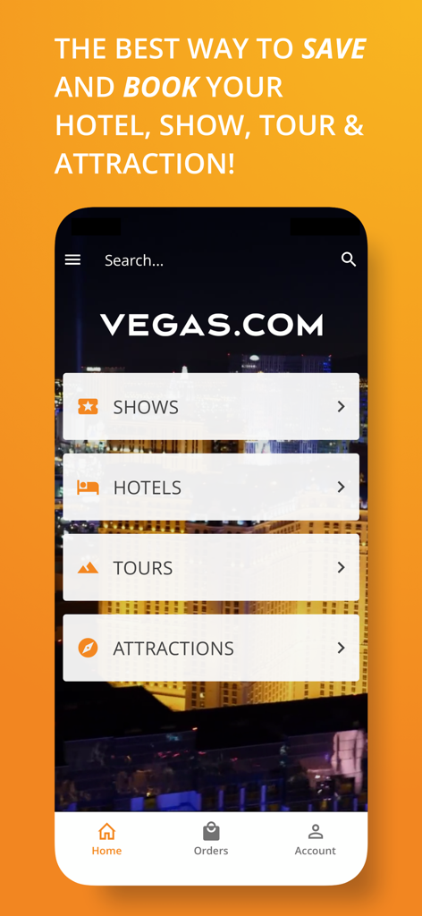 Vegas.com - Vegas.com 앱 홈 화면에 라스베이거스 호텔, 쇼, 투어, 명소 예약 옵션 표시