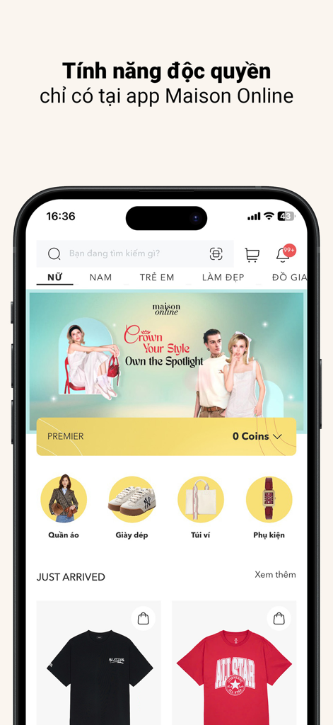 Maison Online app home screen showing premium fashion categories like clothing and shoes with a luxury brand banner.