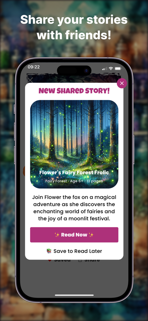Magic Bookshelf: AI Stories - A screenshot of the Magic Bookshelf app showing a shared story notification for a kids book titled Flower's Fairy Forest Frolic.