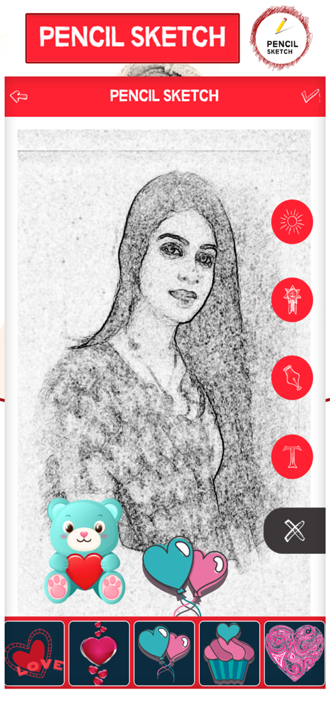 iSketch - Pencil Sketch Effect - Pencil sketch effect applied to a portrait with heart stickers and editing tools