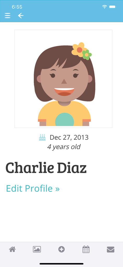 Mobile app screen showing a child profile for Charlie Diaz in the KinderCare application