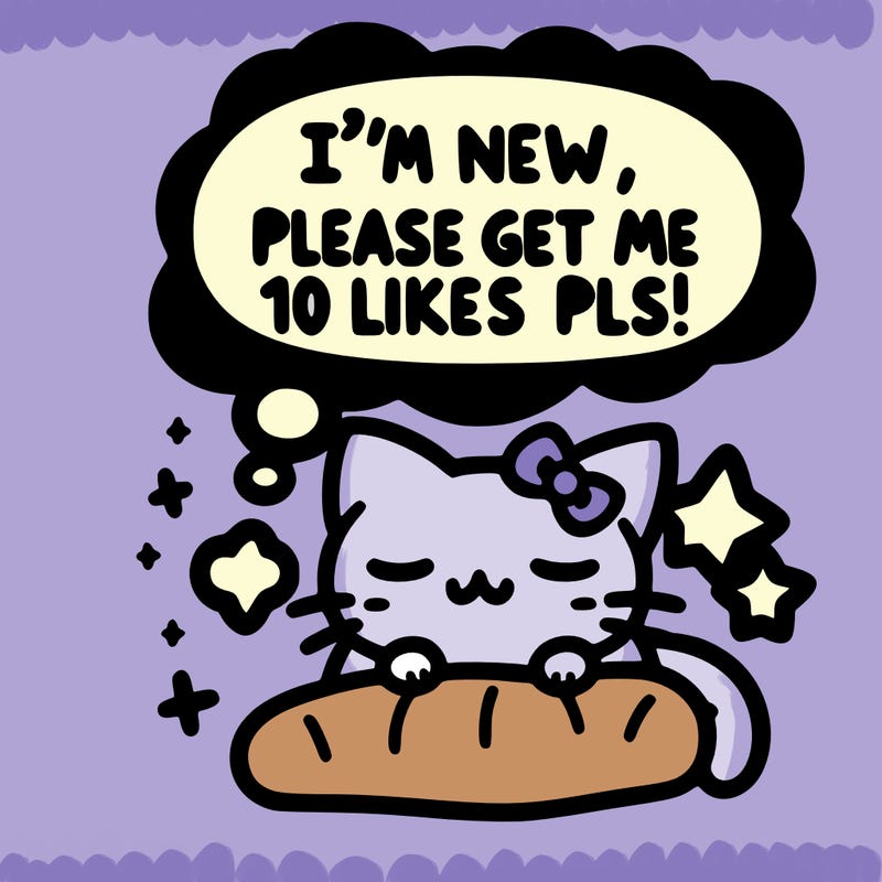 kitty taking a nap dream talking and saying "i'm new, please get me at least 10 likes pls!!"