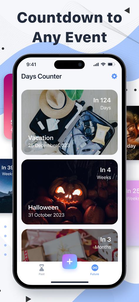 Event Countdown – Day Counter - Interfaz de iPhone de la app Event Countdown que muestra tarjetas de cuenta regresiva para festivos y vacaciones próximas