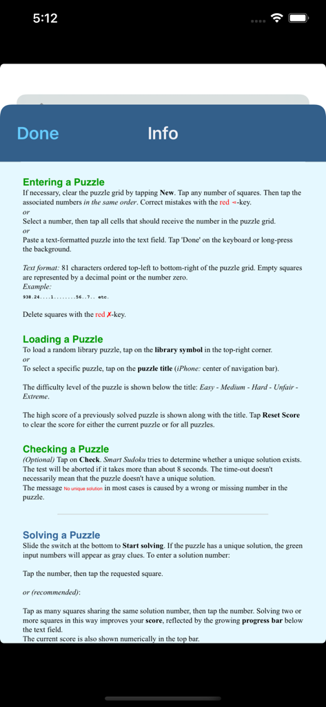 Smart Sudoku - Una pantalla de información dentro de la aplicación Smart Sudoku que proporciona instrucciones detalladas sobre cómo ingresar, cargar, verificar y resolver rompecabezas.