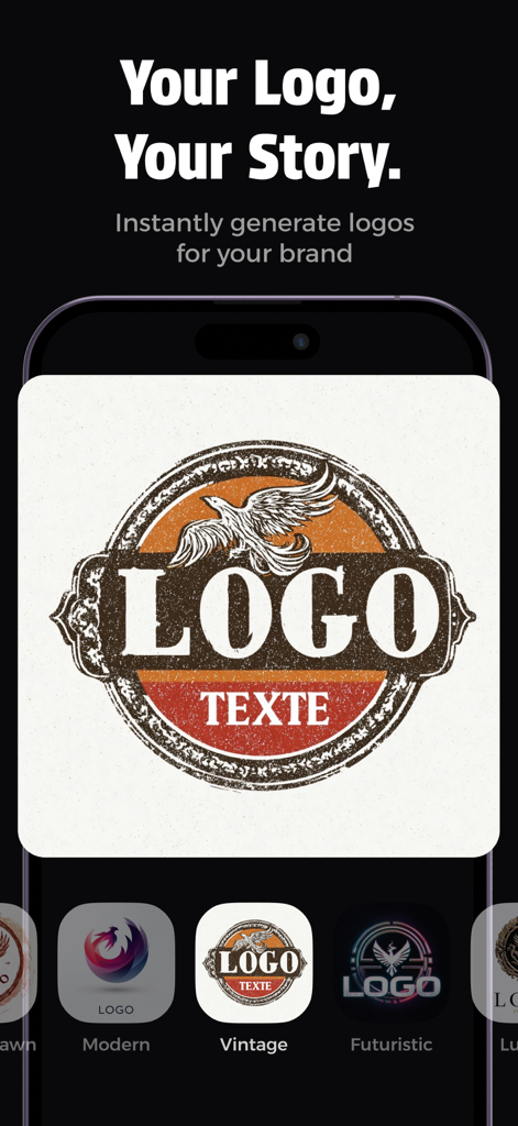 LookA Logo: Custom Logo Maker - LookA Logo mobile app interface displaying a vintage circular logo with a bird emblem.