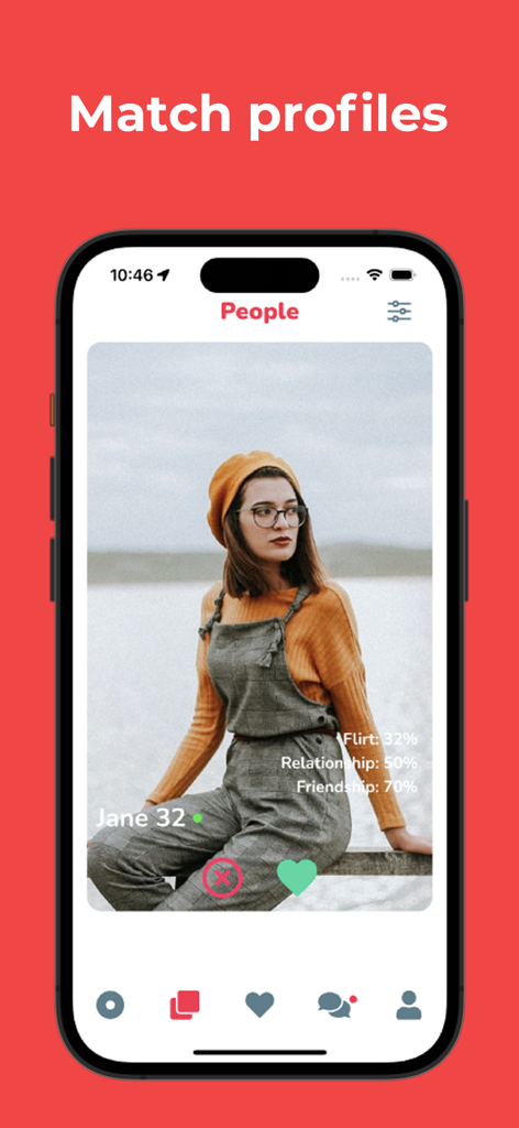 Youwibe - Dating App & Flirt - Dating app interface showing a user profile with compatibility percentages for flirt relationship and friendship