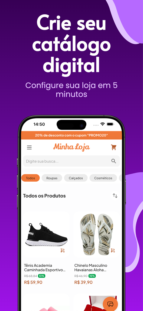 Stoqui: Catálogo e Vendas - Catálogo digital e interfaz de tienda online en la pantalla de un smartphone.