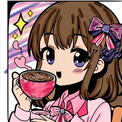 an anime girl drinking coffee