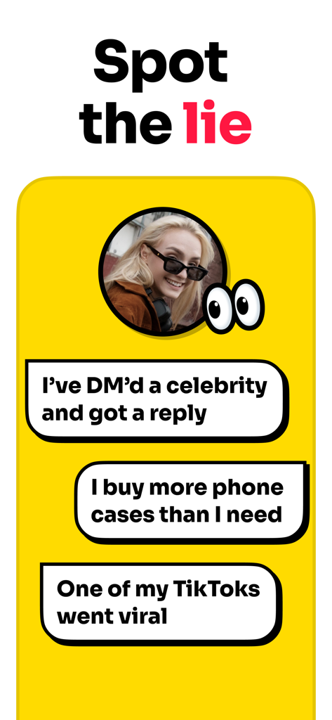 2 Truths and 1 Lie - Interfaccia di gioco dell'app 2 Verità e 1 Bugia che mostra affermazioni a tema social media per un gioco di società