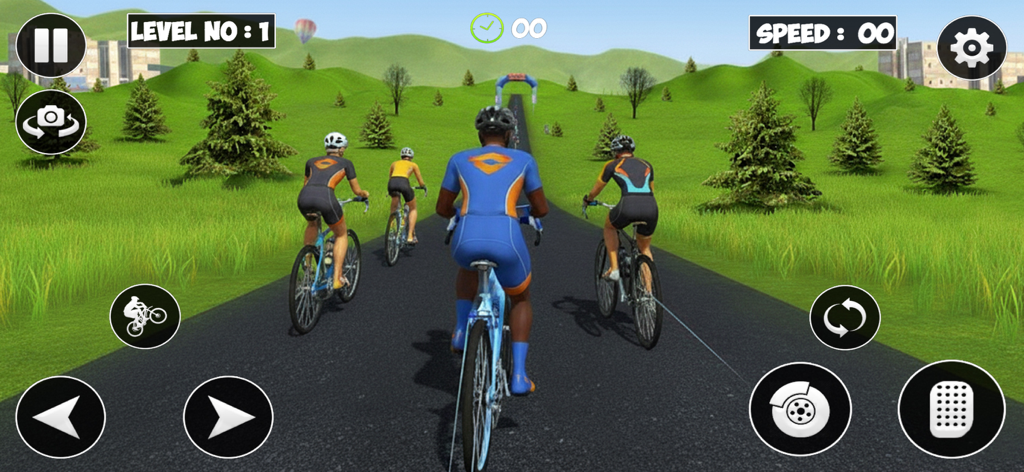 BMX Racing: Bicycle Rider Game - A group of cyclists racing on a road through green hills in a BMX racing game